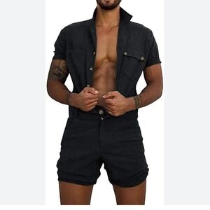 Zara Black Short-Sleeve Button Front Romper Men's Strech Size M